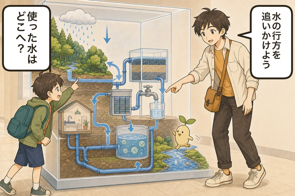 水の流れを表す展示模型を見ながら、ユウとハルが水の来る場所と使った後の行方を考える。