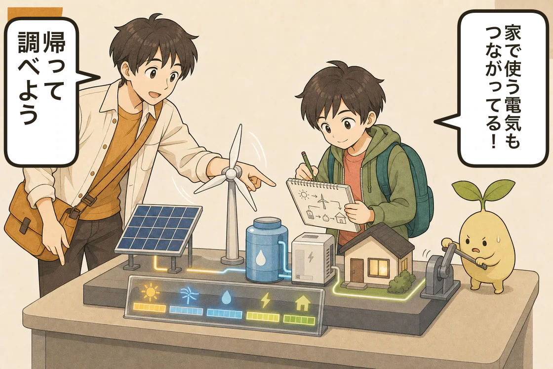 エネルギーの体験展示を見ながら、ハルが家の電気とのつながりをノートへ描く。メブは小さなハンドルを回す。